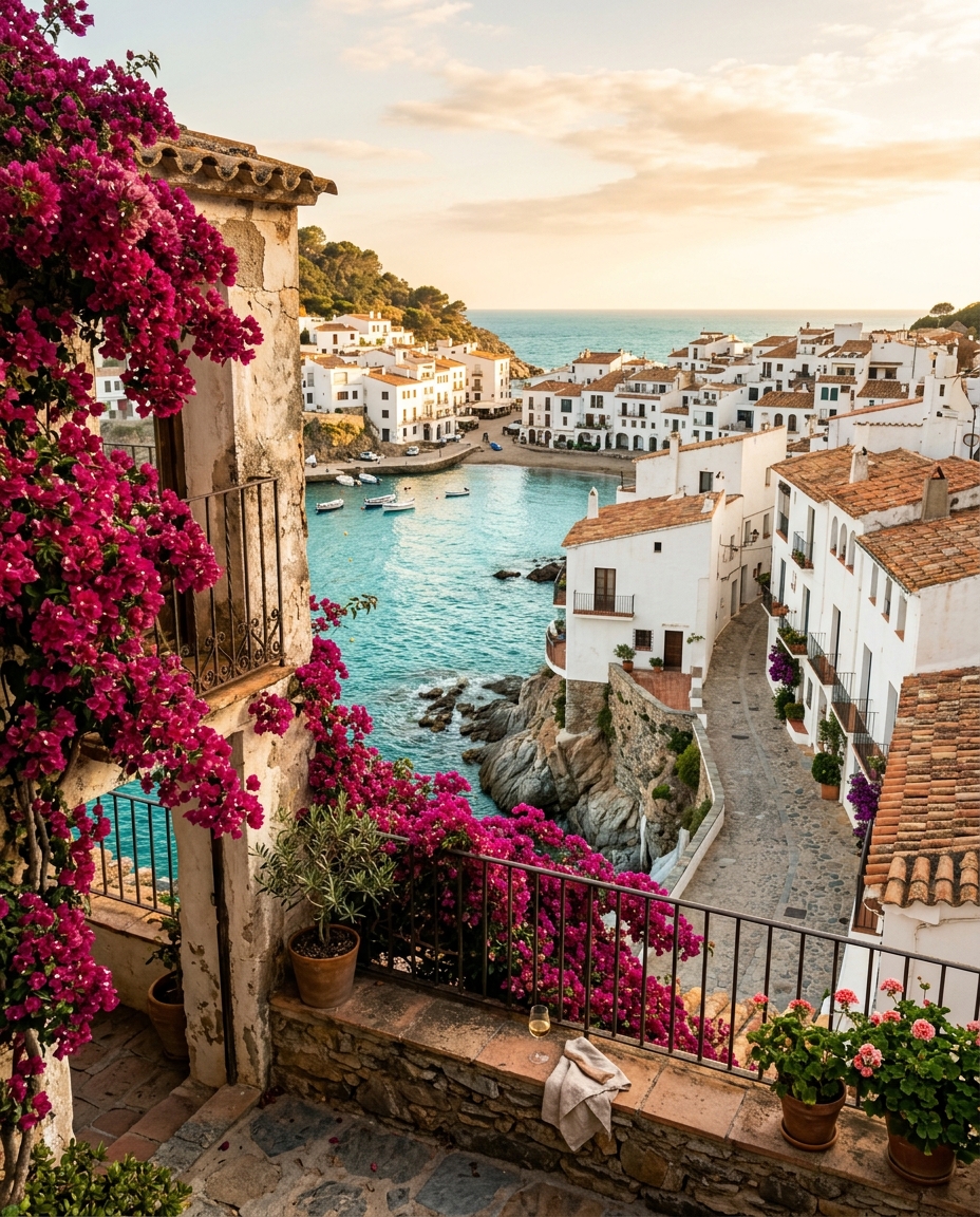 A beautiful view of the Mediterranean coast in Spain at sunset.
